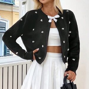 BOW COQUETTE Pearl Embellished Ribbon Trim Cardigan Sweater MEDIUM